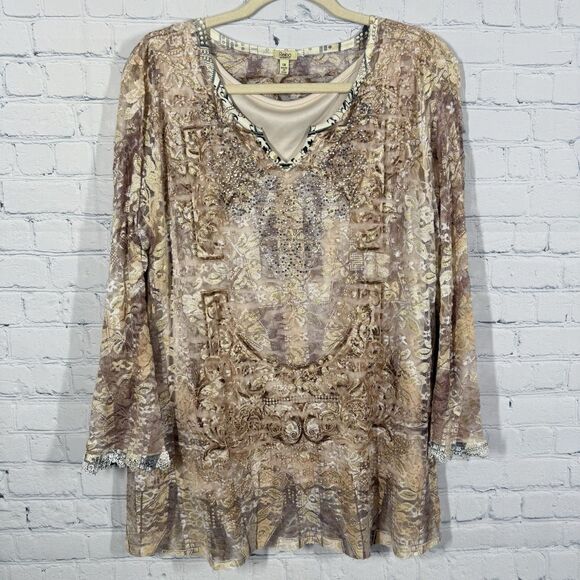 Reba Tunic Women Plus 1X Long  Bell Sleeve Lace Embroidery Boho Fairy Artsy Top - Picture 1 of 11